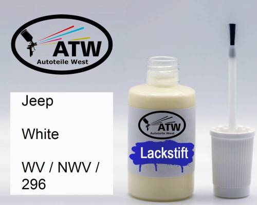 Jeep, White, WV / NWV / 296: 20ml Lackstift, von ATW Autoteile West.
